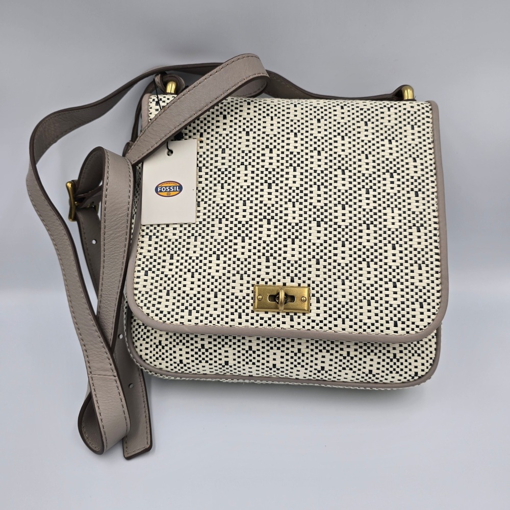 Fossil Memoir Small‎ Flap Crossbody Bag Straw Leather Light Grey ZB5727050 NWT